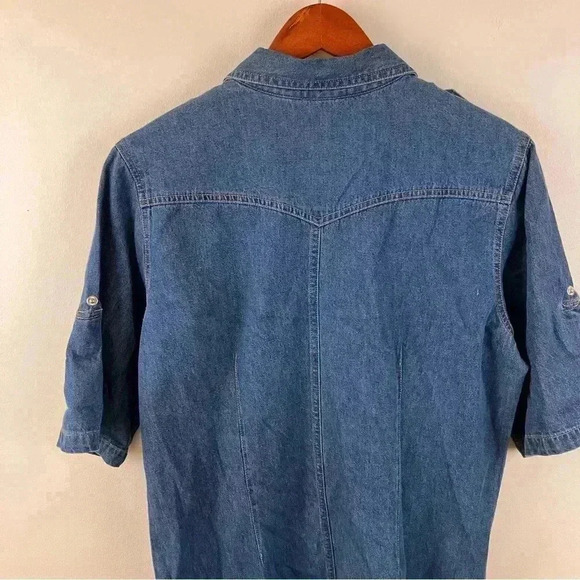 VTG Denim M Midi Shirt Dress Short Sleeve Western Y2K Snap Front Modest - Picture 4 of 6